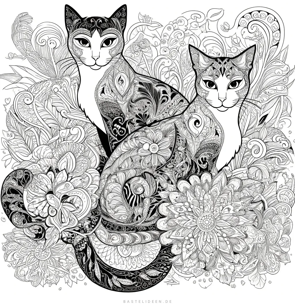 Zwei elegante Katzen umgeben von floralen Mustern