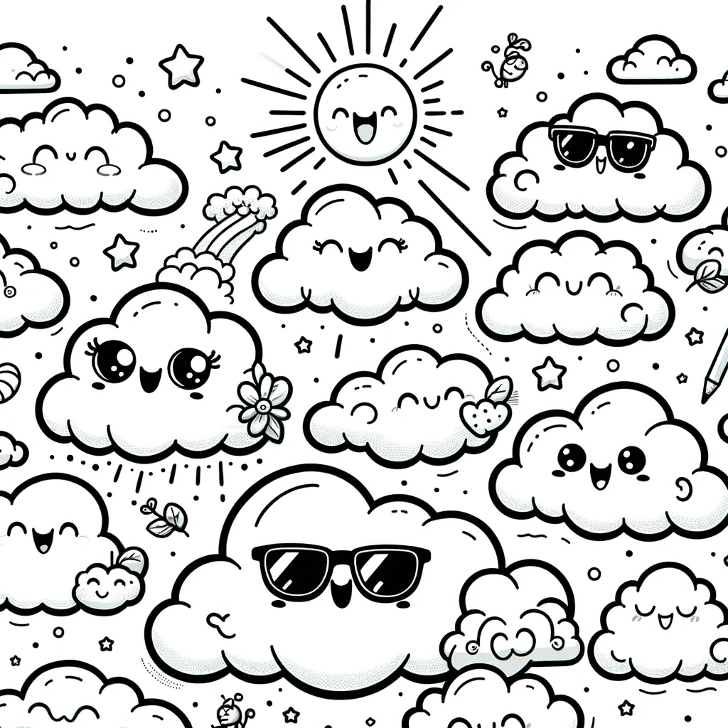 Viele niedliche Kawaii-Wolken mit Gesichtern, Sonne und Sternen