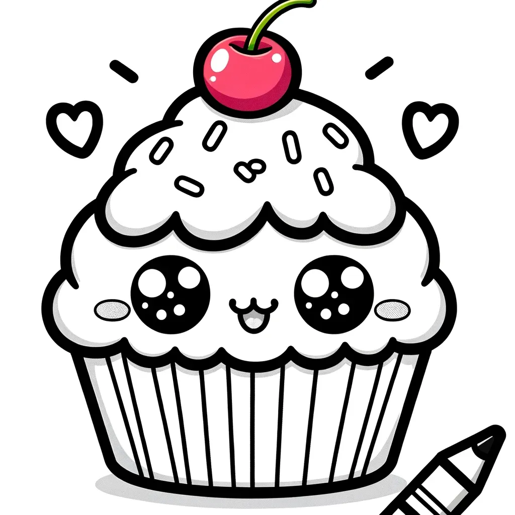 Kawaii Cupcake mit Gesicht und Kirsche obendrauf