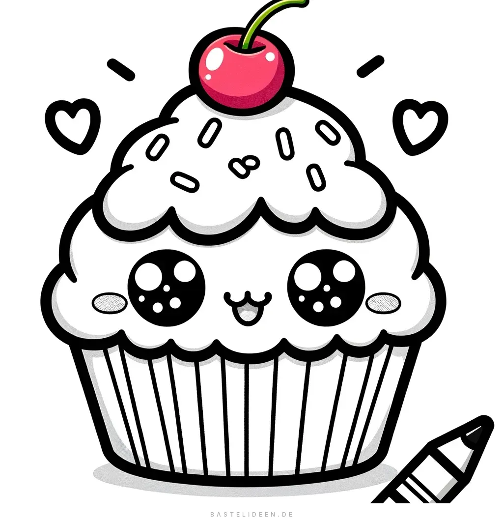 Kawaii Cupcake mit Gesicht und Kirsche obendrauf
