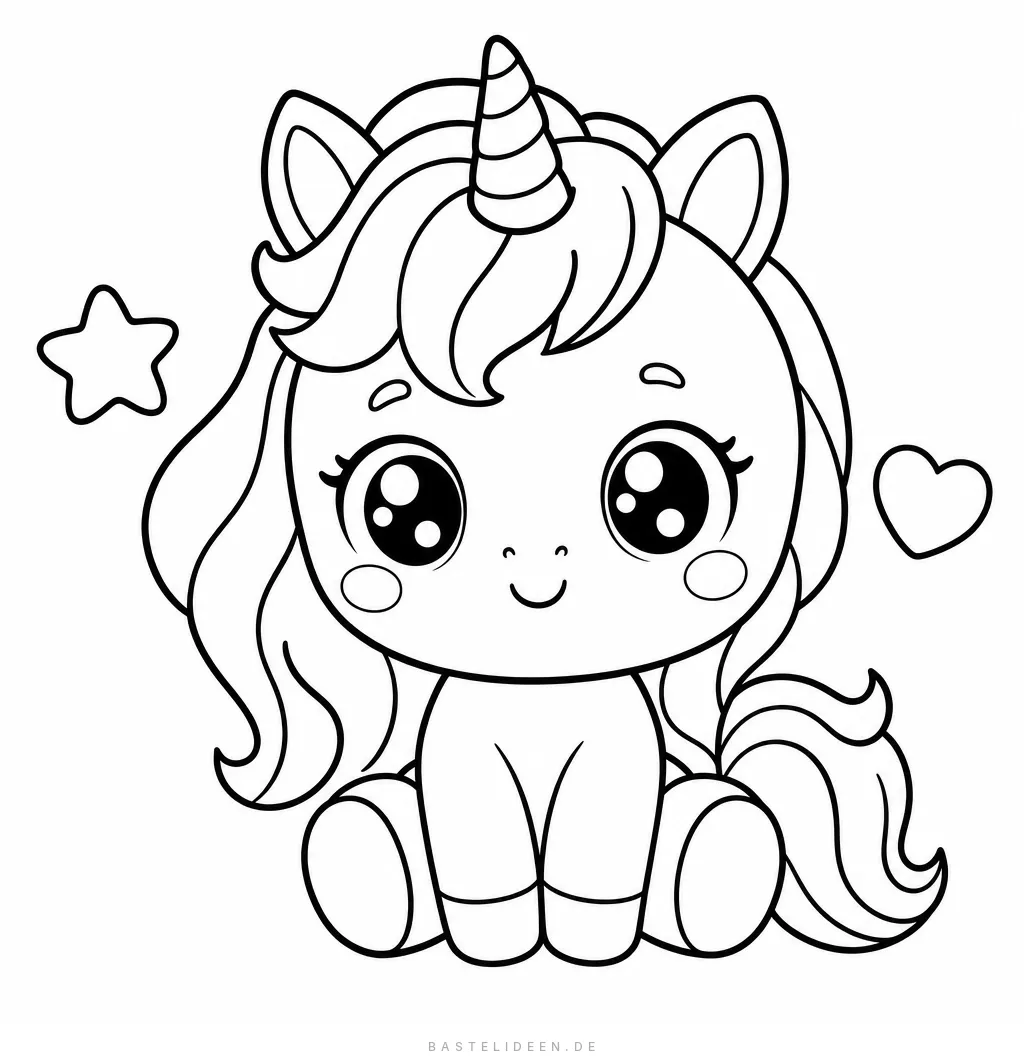 Sitzendes Kawaii-Einhorn mit welliger Mähne, Spiralhorn, einem Stern und einem Herz
