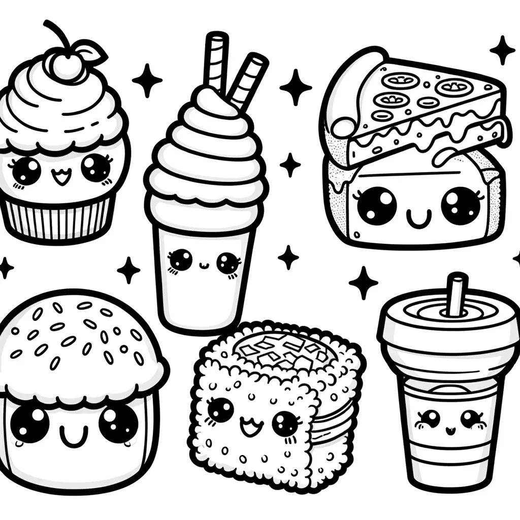 Kawaii Cupcake, Milchshake und Pizzastueck mit Gesichtern