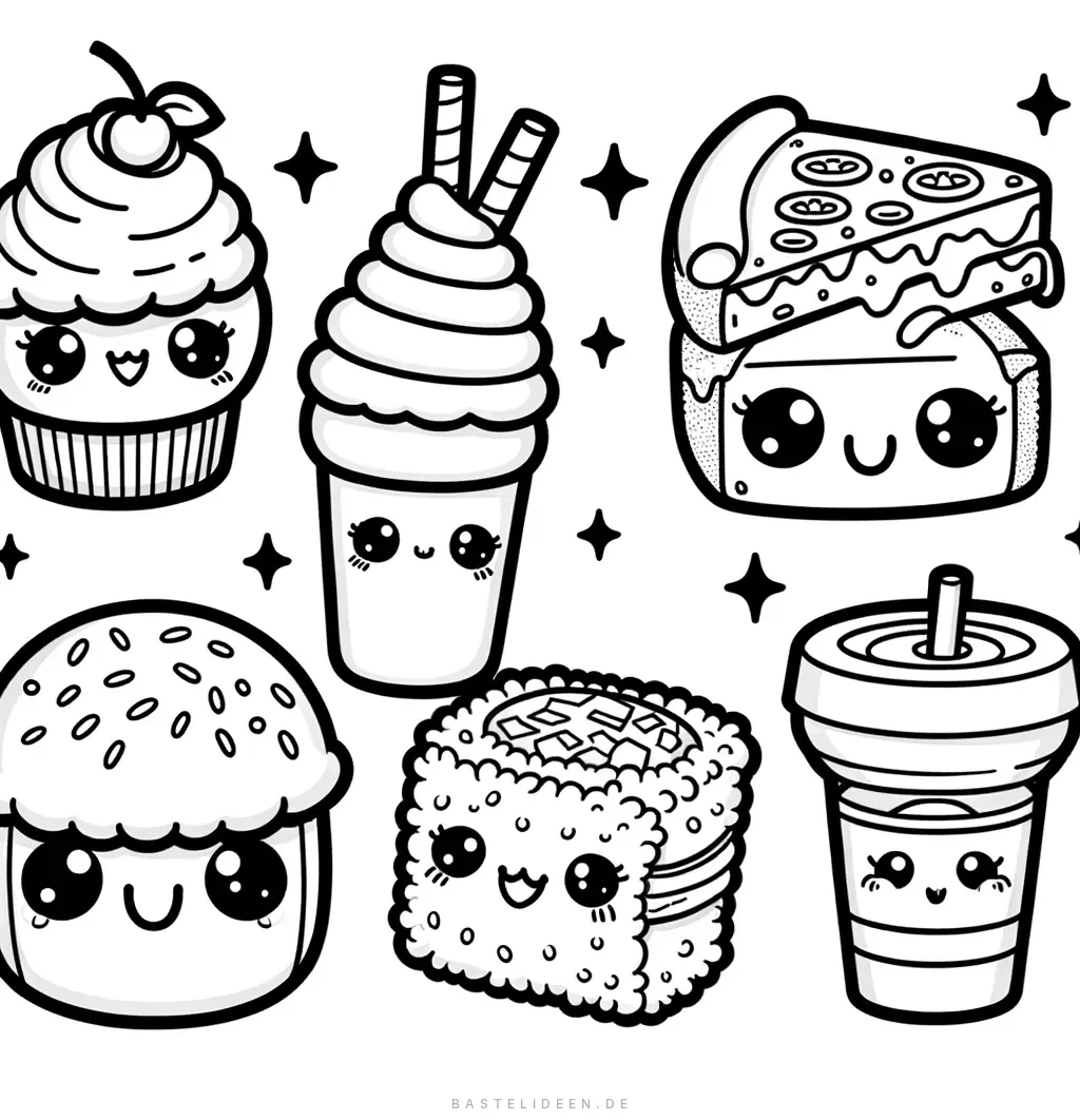 Kawaii Cupcake, Milchshake und Pizzastück mit Gesichtern