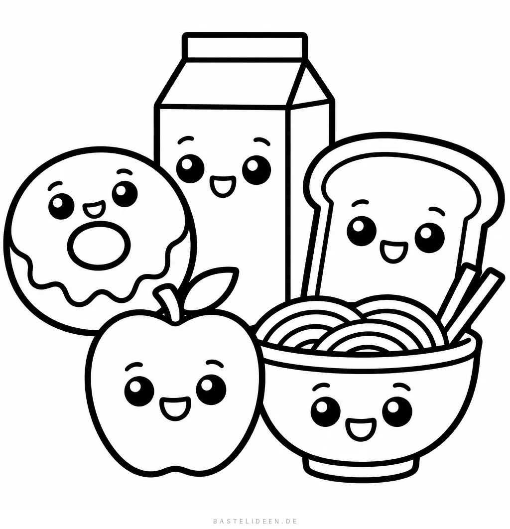 Donut, Milchtüte, Toast, Apfel und Nudelschale mit Gesichtern