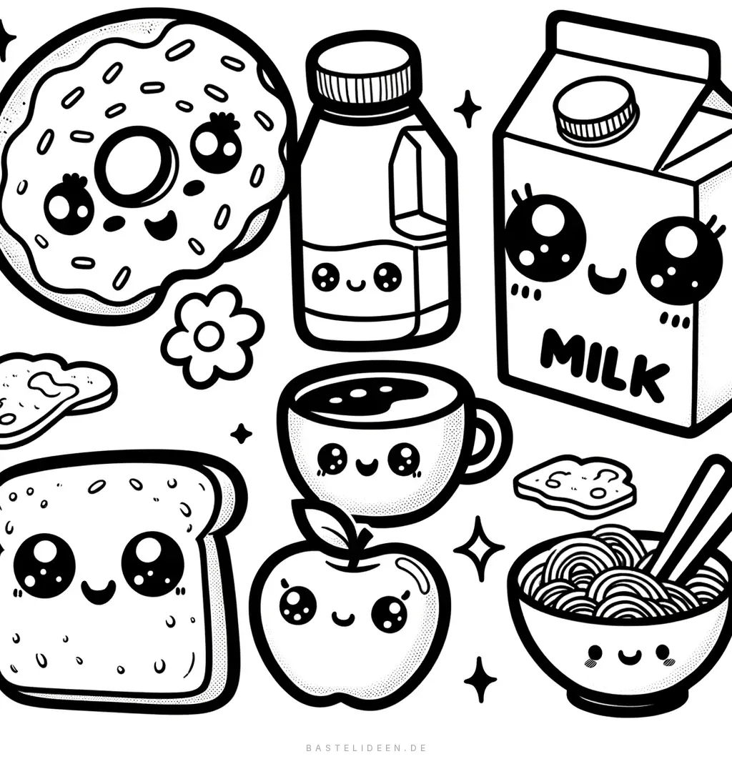 Kawaii Donut, Milch, Apfel und Nudeln mit Gesichtern