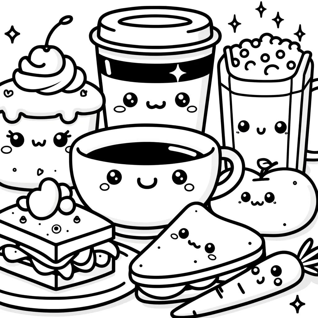 Kawaii Kaffee, Cupcake und Sandwich mit niedlichen Gesichtern