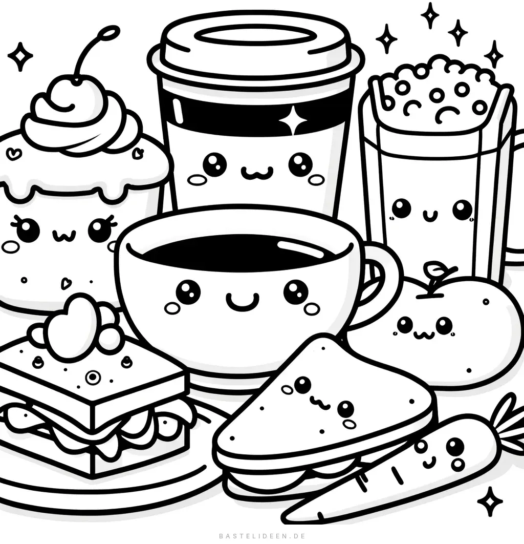 Kawaii Kaffee, Cupcake und Sandwich mit niedlichen Gesichtern