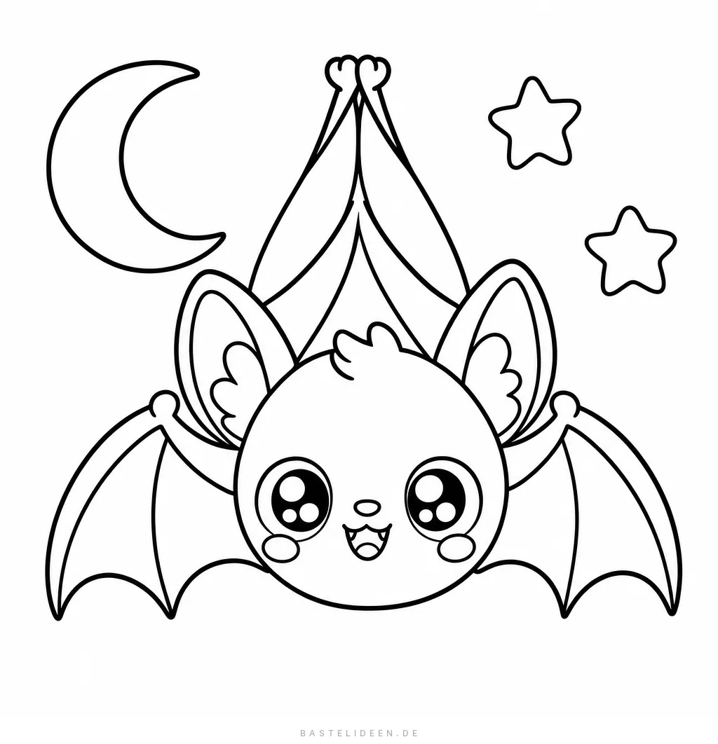Kawaii-Fledermaus mit ausgebreiteten Flügeln, winzigen Zähnchen, Mondsichel und zwei Sternen