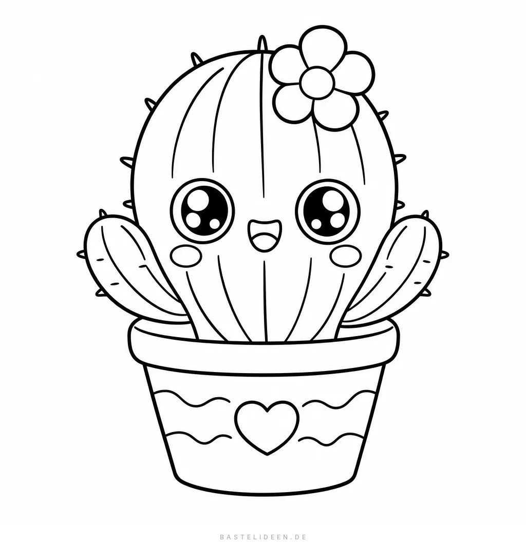 Lachender Kawaii-Kaktus mit Blüte auf dem Kopf in einem Topf mit Herz