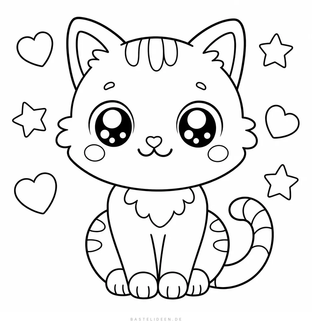 Sitzende Kawaii-Katze mit Tigerstreifen, großen Augen und roten Wangen, umgeben von Herzen und Sternen