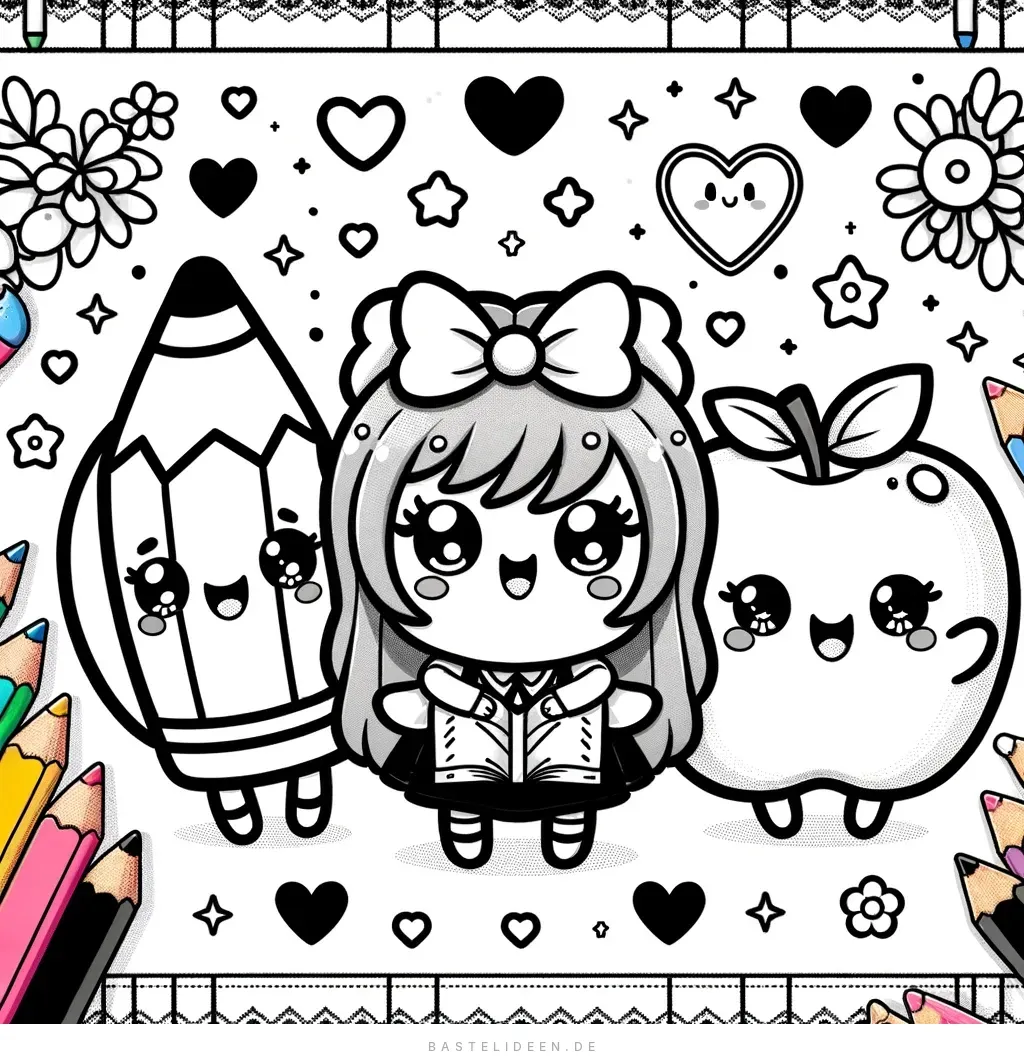 Süsses Kawaii-Mädchen mit Stift und Apfel umgeben von Herzen und Sternen