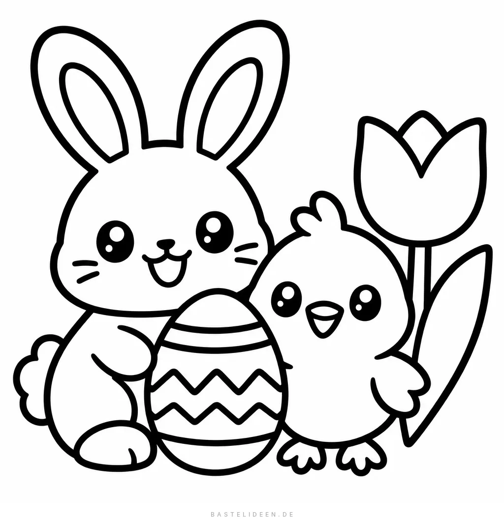 Hase, Küken, Osterei und Tulpe mit lachenden Gesichtern