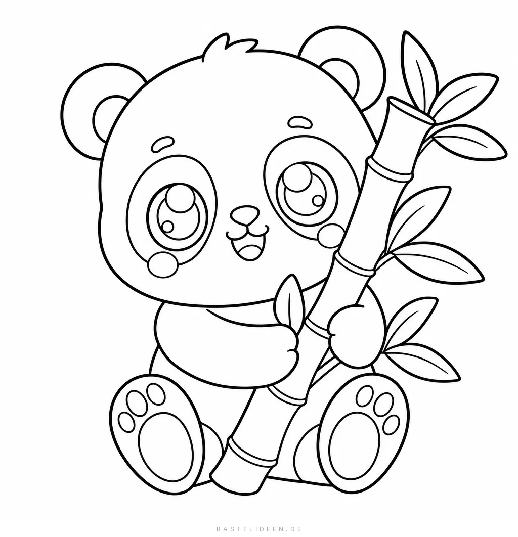 Sitzender Kawaii-Panda, der einen Bambusstab mit Blättern umarmt