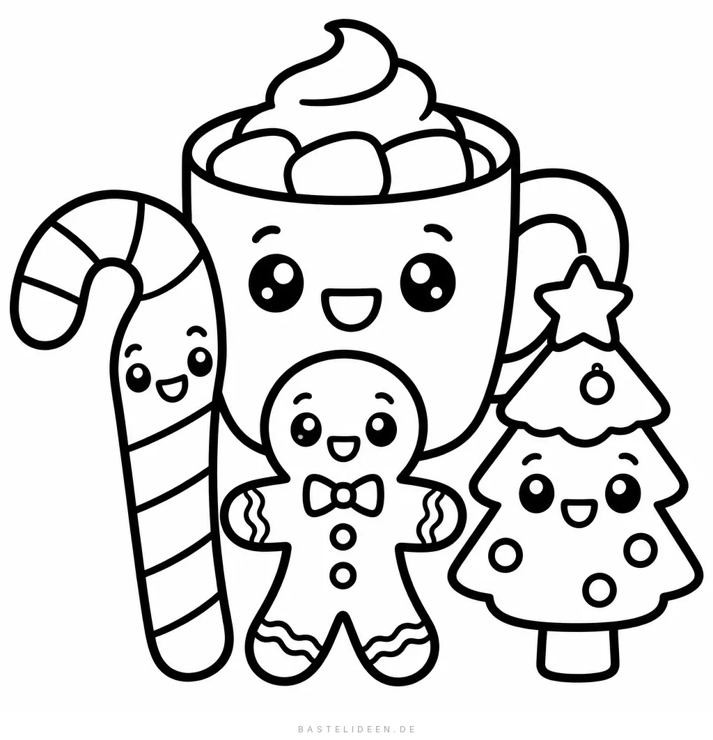 Kakaotasse, Zuckerstange, Lebkuchenmann und Tannenbaum mit lachenden Gesichtern