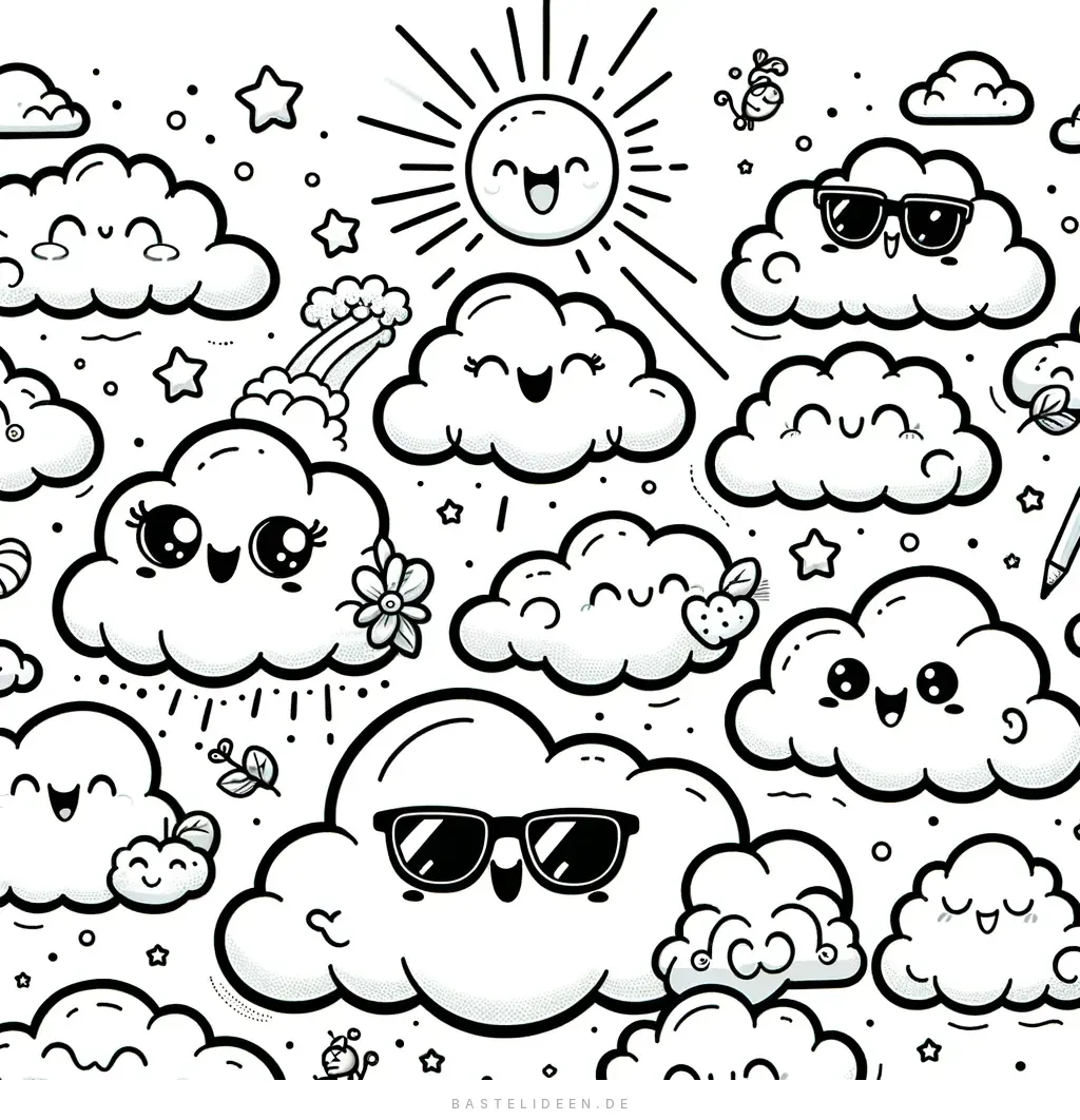 Viele niedliche Kawaii-Wolken mit Gesichtern, Sonne und Sternen