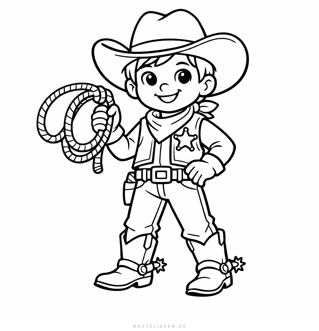 Kind im Cowboykostüm mit Hut, Sheriffstern und Lasso