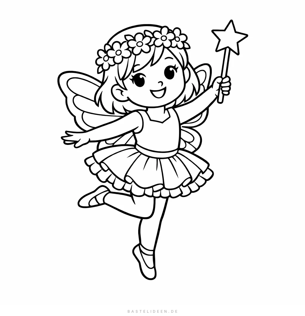 Kind im Feenkostüm mit Schmetterlingsflügeln, Blumenkranz und Zauberstab