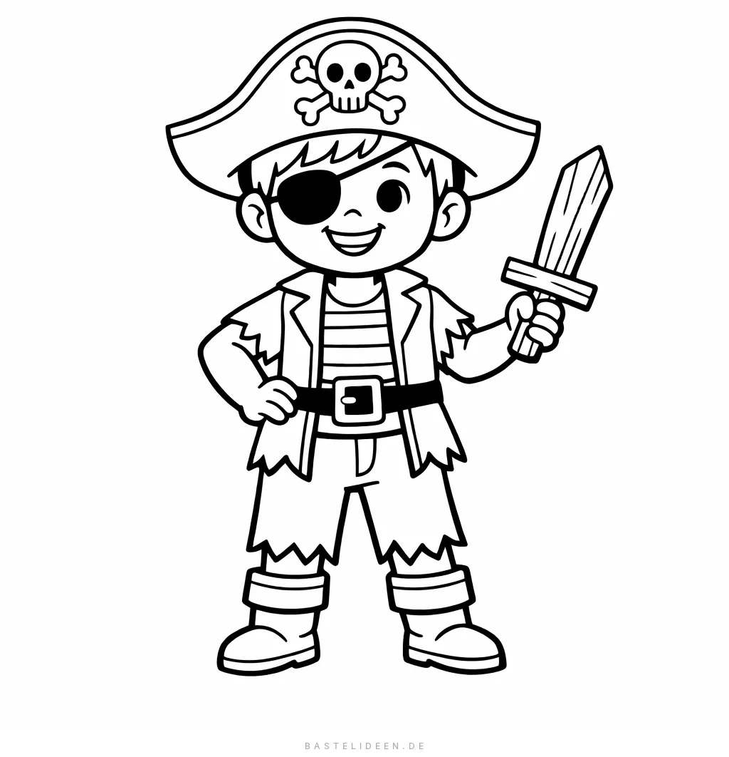 Lachendes Kind im Piratenkostüm mit Augenklappe, Hut und Holzschwert