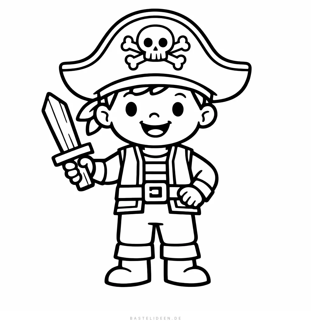 Kleines Kind im einfachen Piratenkostüm mit großem Hut und Holzschwert