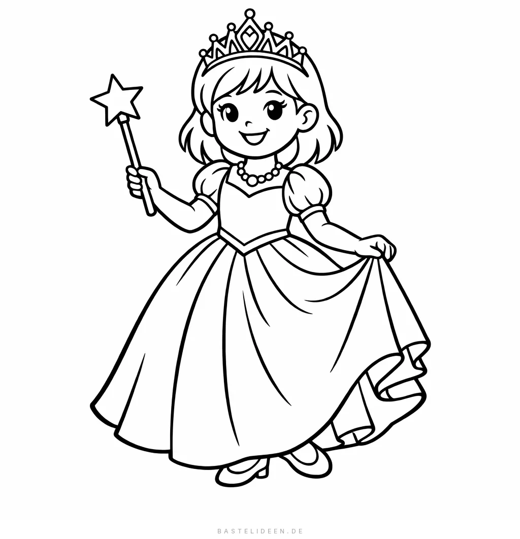 Kind im Prinzessinnenkostüm mit Krone, Ballkleid und Zauberstab