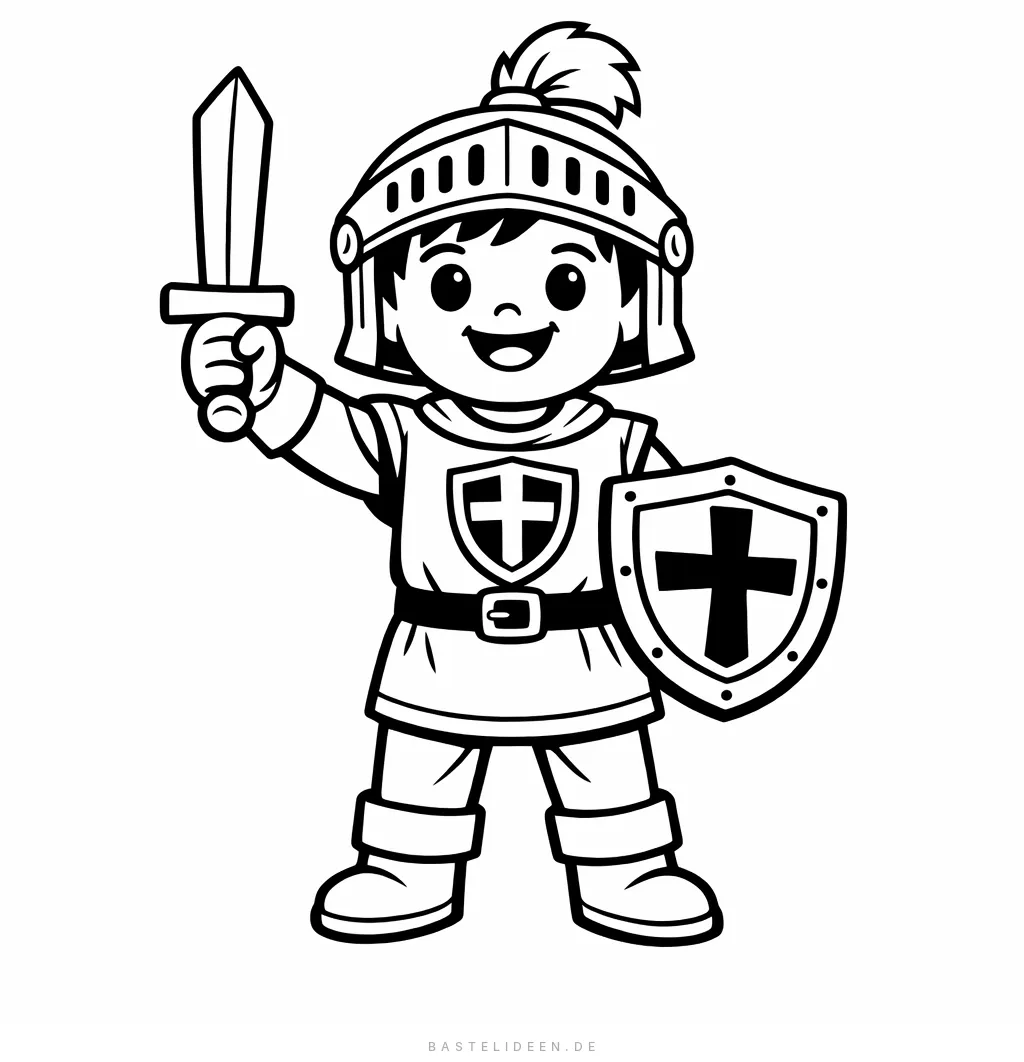 Kind im Ritterkostüm mit Helm, Schild und Schwert