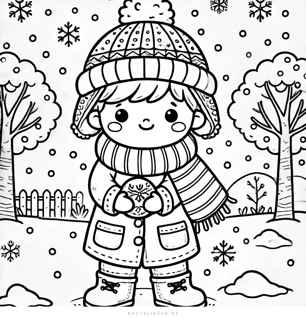 Kind mit Mütze und Schal hält Schneeball