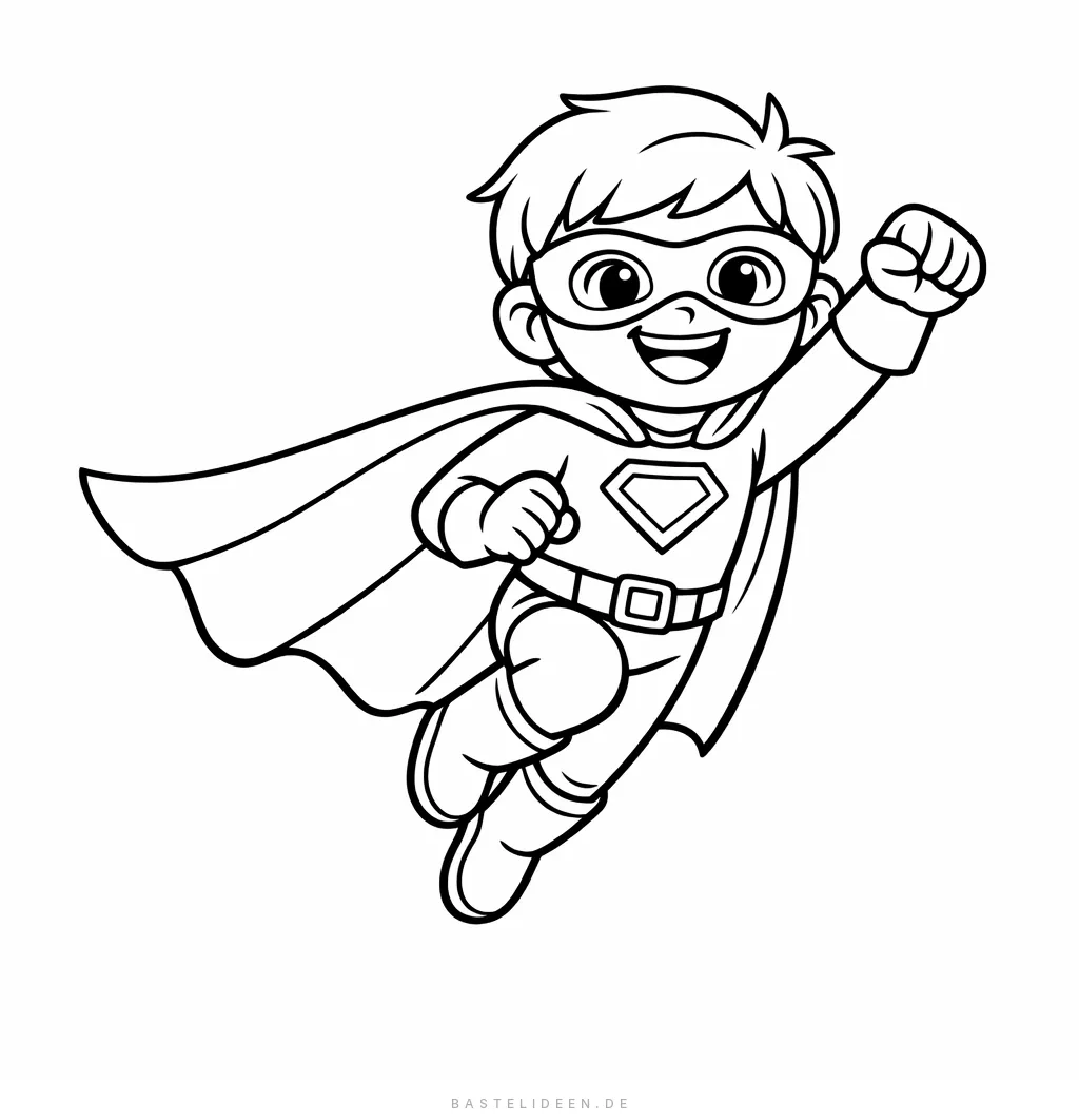 Kind im Superheldenkostüm mit Cape, Maske und erhobener Faust