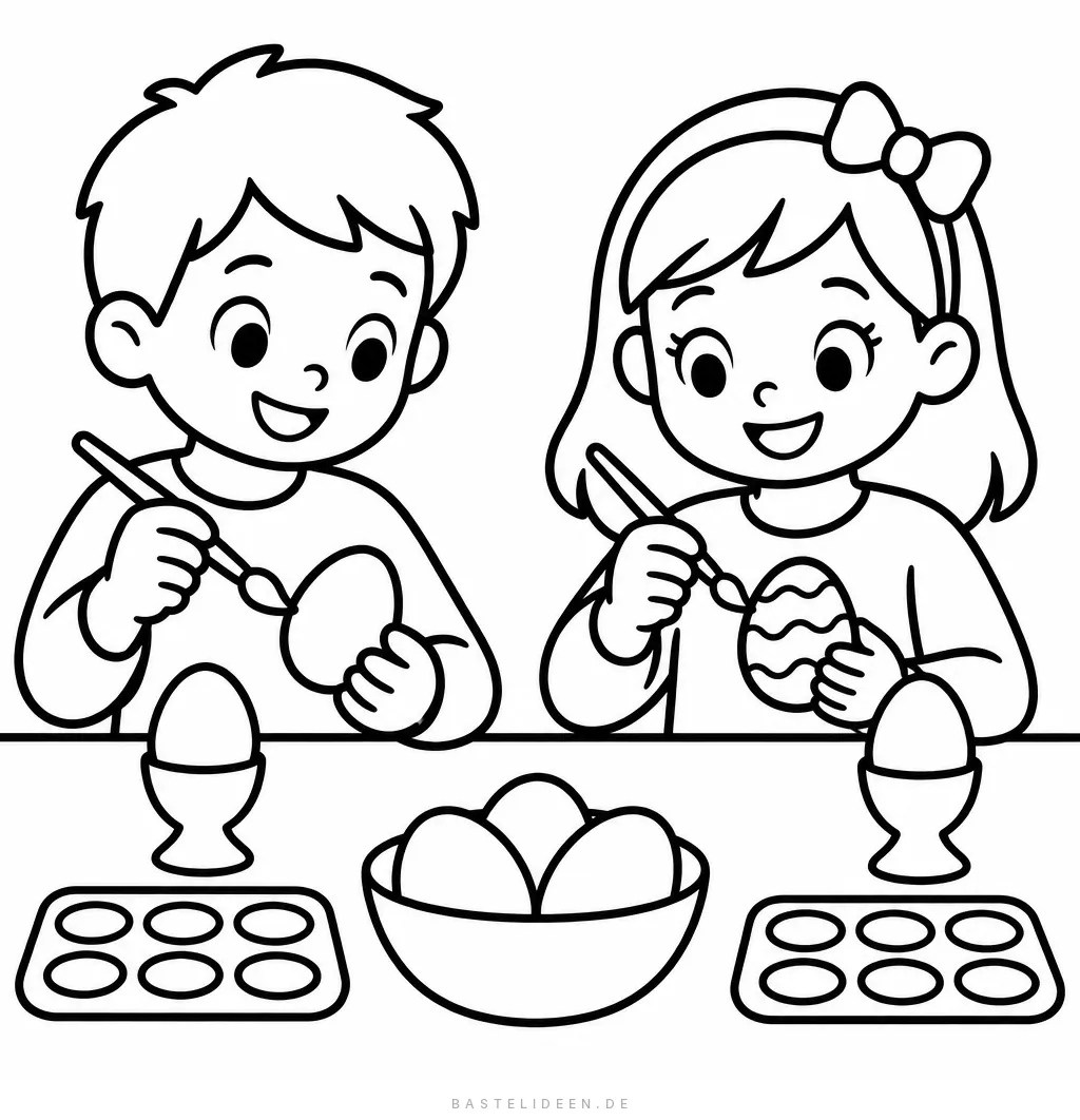 Zwei Kinder bemalen Ostereier am Tisch mit Eierbechern und Farbpaletten
