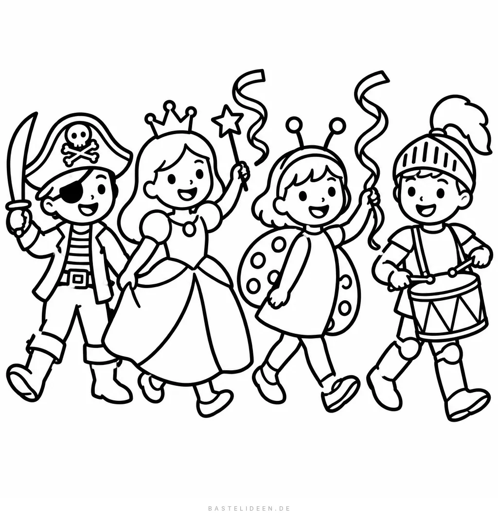 Kinder als Pirat, Prinzessin, Marienkäfer und Ritter mit Trommel im Umzug