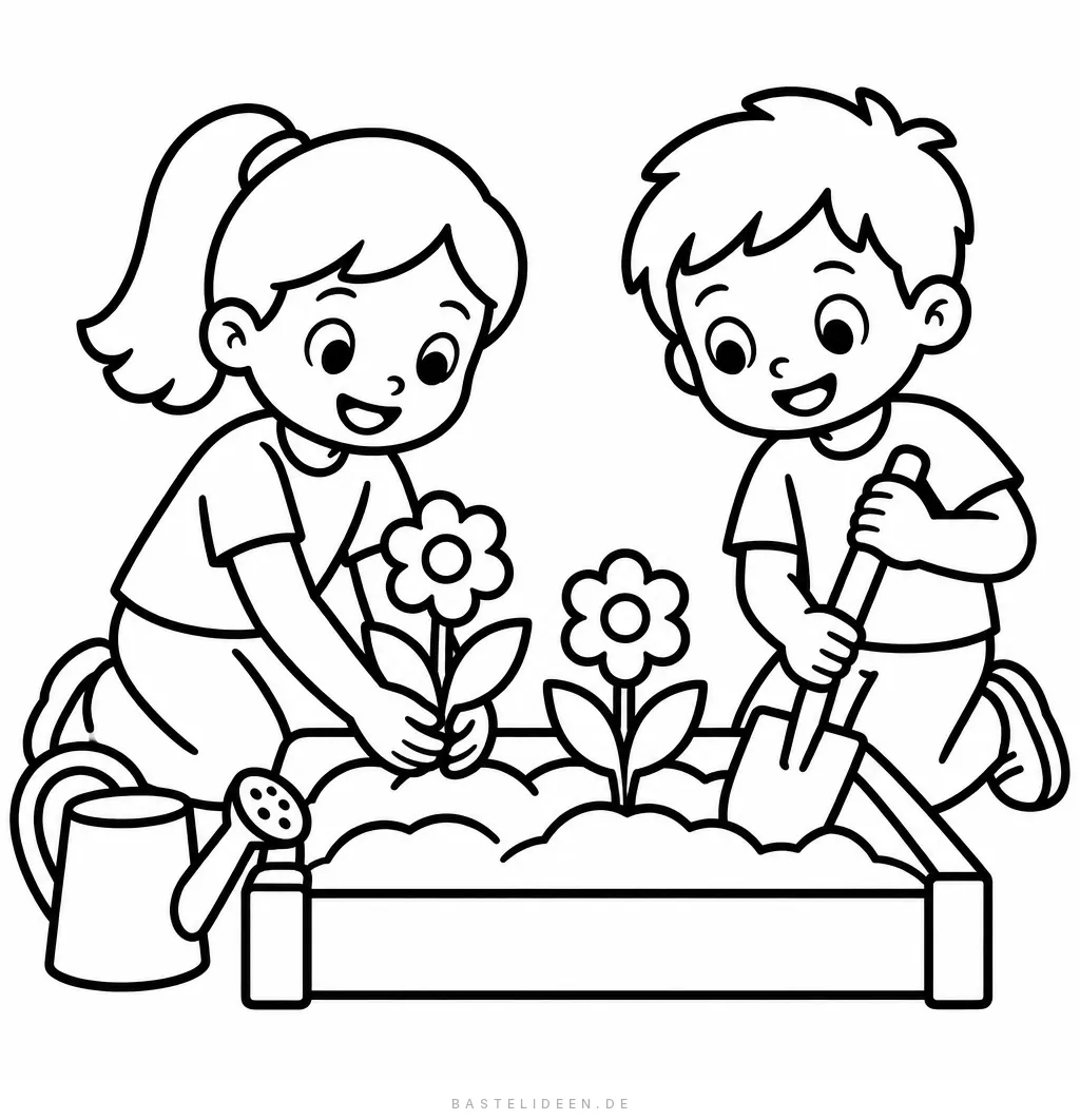 Zwei Kinder pflanzen Blumen ins Beet mit Gießkanne und Schaufel