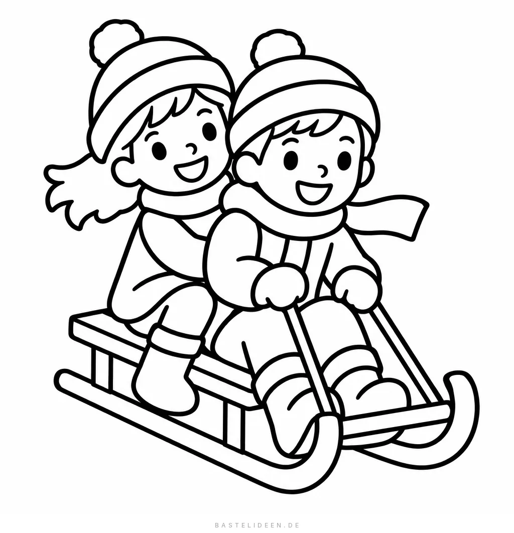 Zwei Kinder mit Mützen fahren auf einem Holzschlitten