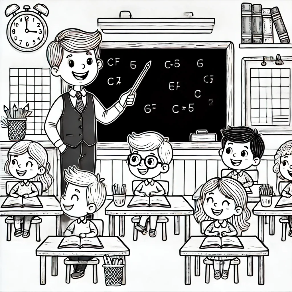 Lehrer erklärt vor Tafel im Klassenzimmer