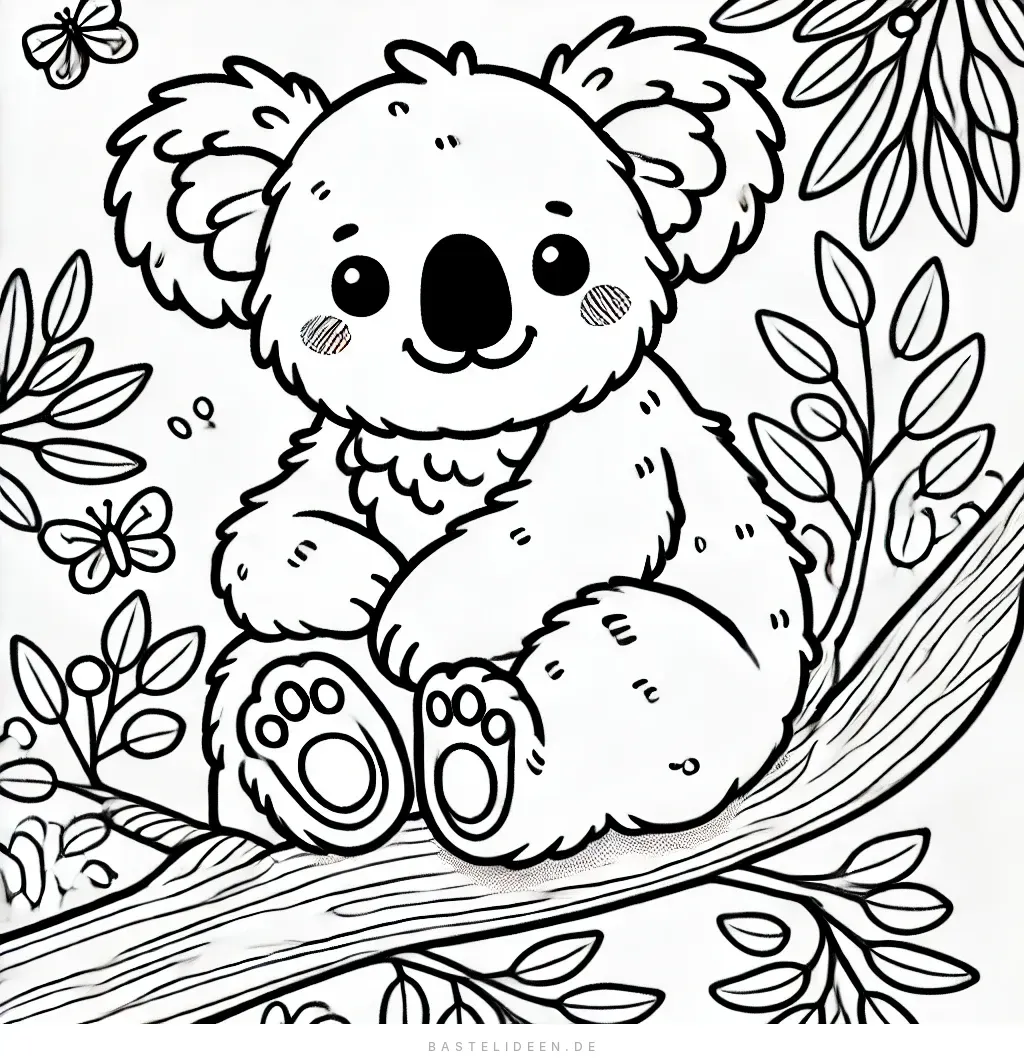 Fröhlicher Koala sitzt auf Baumzweig umgeben von Blättern und Schmetterlingen