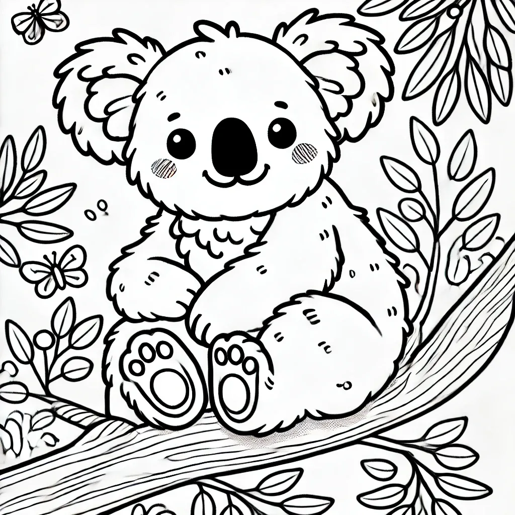 Fröhlicher Koala sitzt auf Baumzweig umgeben von Blättern und Schmetterlingen