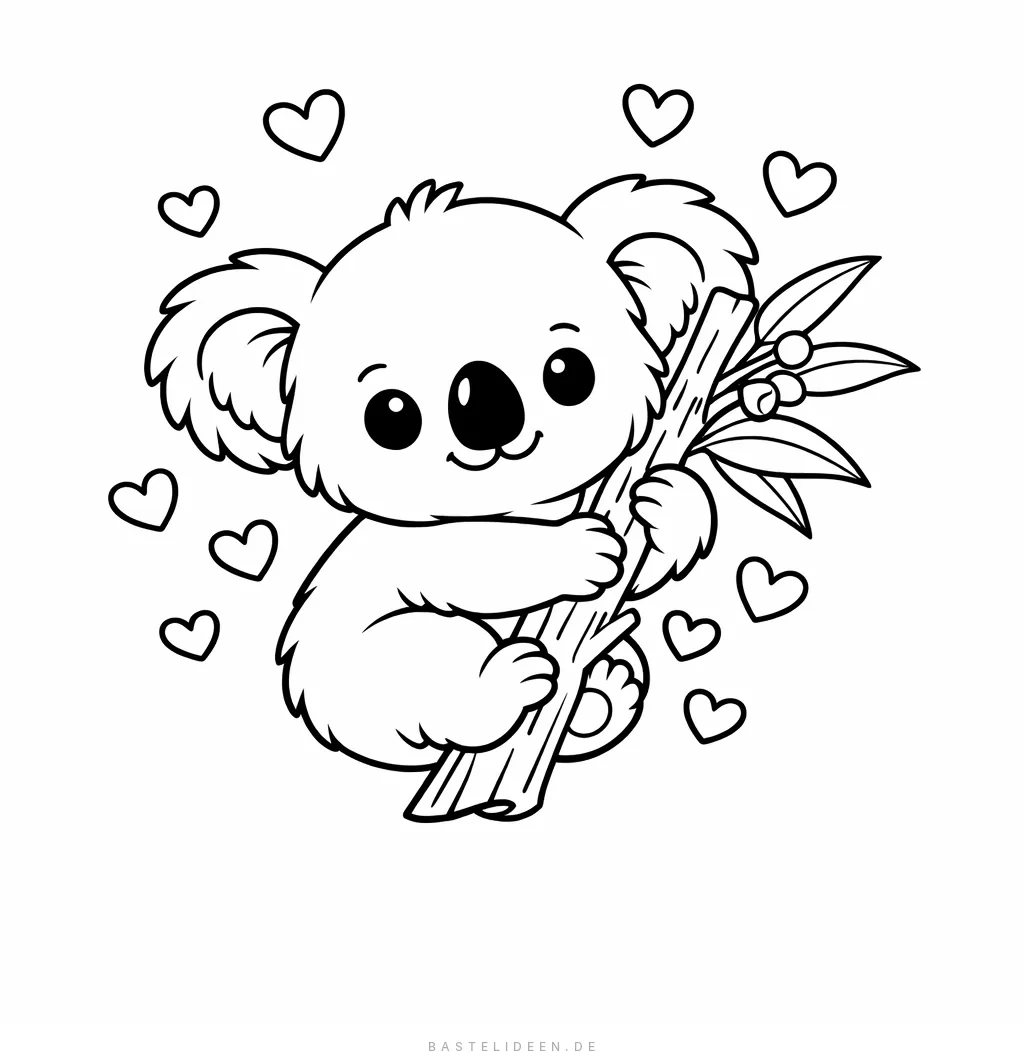 Niedliches Baby-Koala umarmt einen Eukalyptus-Zweig umgeben von Herzen