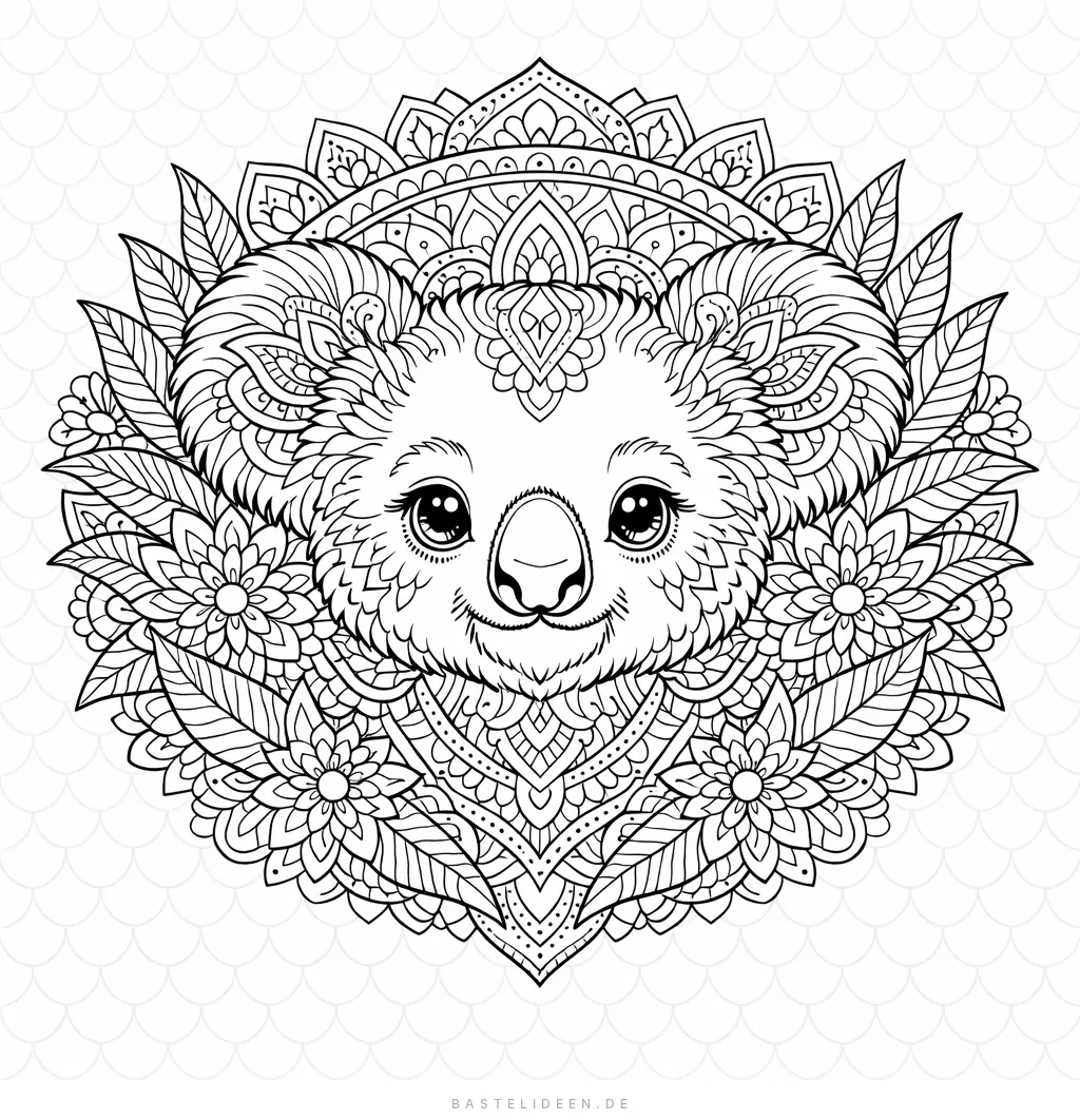 Detailliertes Koala-Baby-Portrait als Mandala mit Eukalyptus-Blättern