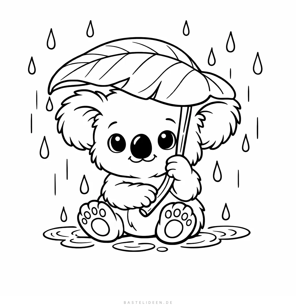Süßes Baby-Koala hält ein großes Blatt als Regenschirm