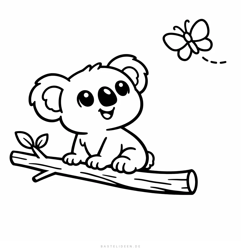 Süßes Baby-Koala auf einem Ast schaut einem Schmetterling hinterher