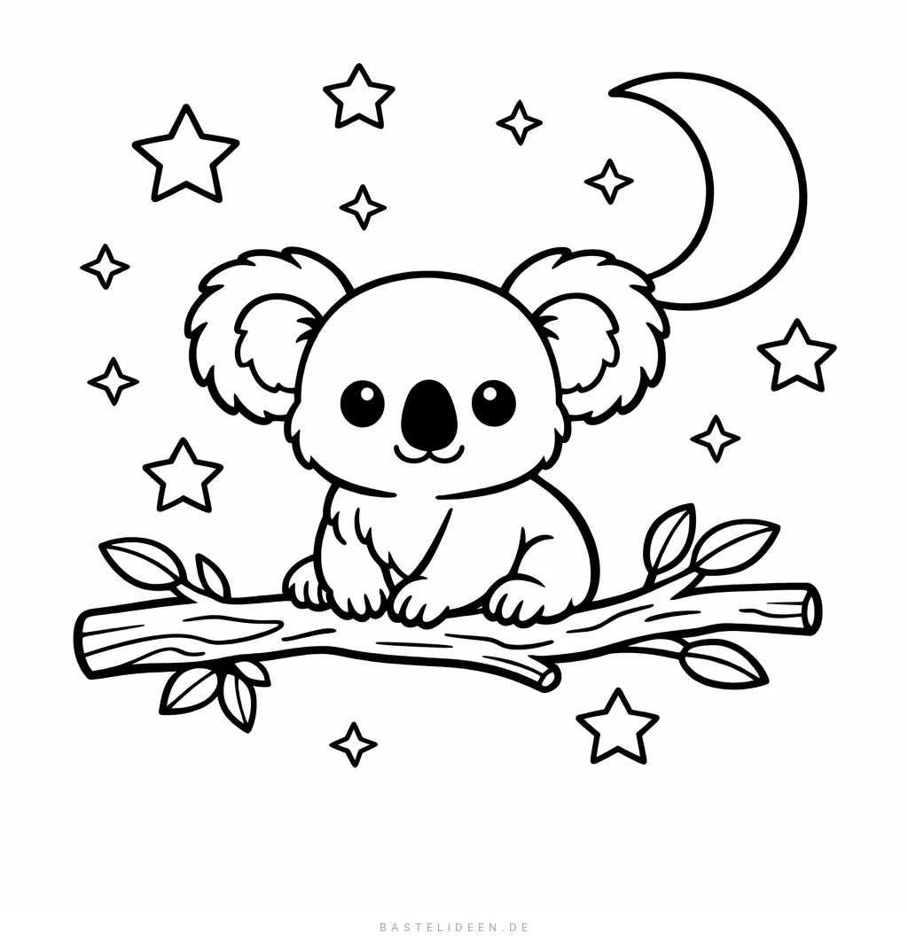 Baby-Koala sitzt nachts auf einem Ast umgeben von Sternen und Mond