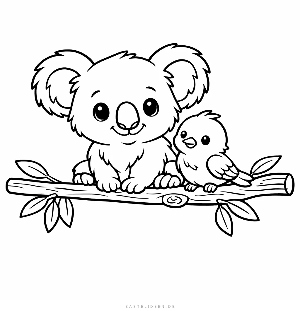 Baby-Koala und kleiner Vogel sitzen zusammen auf einem Ast