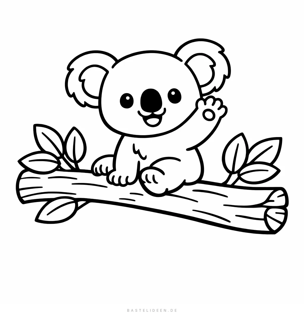 Fröhliches Baby-Koala winkt vom Eukalyptus-Ast