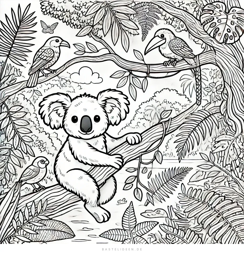 Koala klettert an Ast im dichten Dschungel mit Papageien und Bach