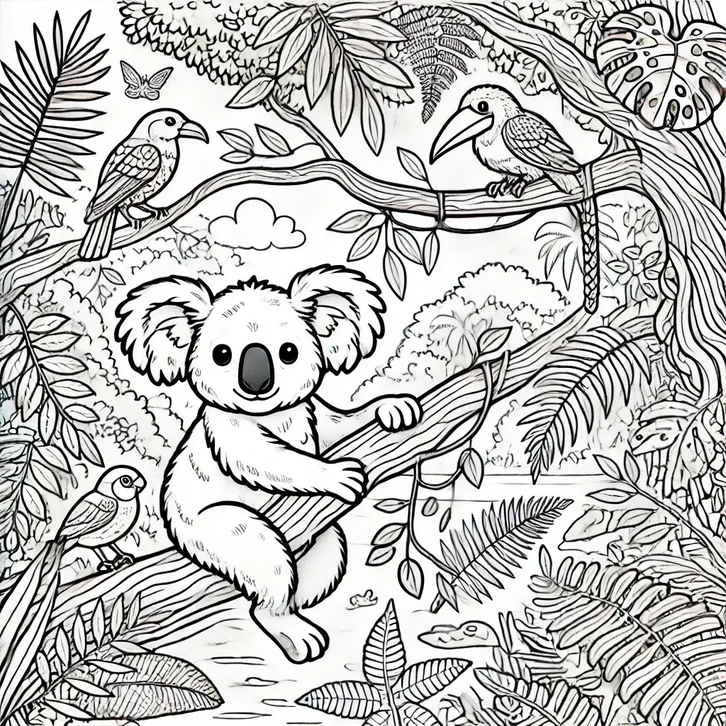Koala klettert an Ast im dichten Dschungel mit Papageien und Bach