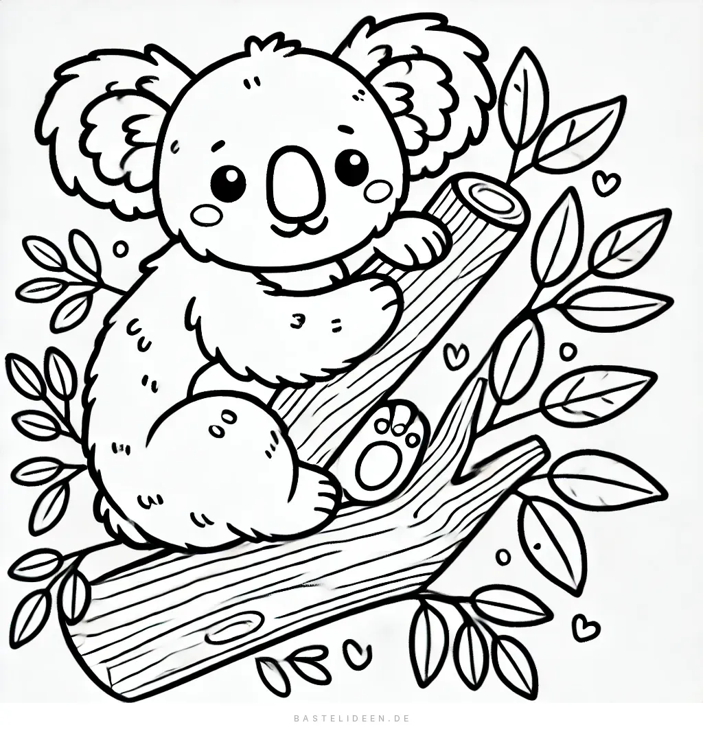 Niedlicher Koala klammert sich an Eukalyptusast umgeben von kleinen Herzen
