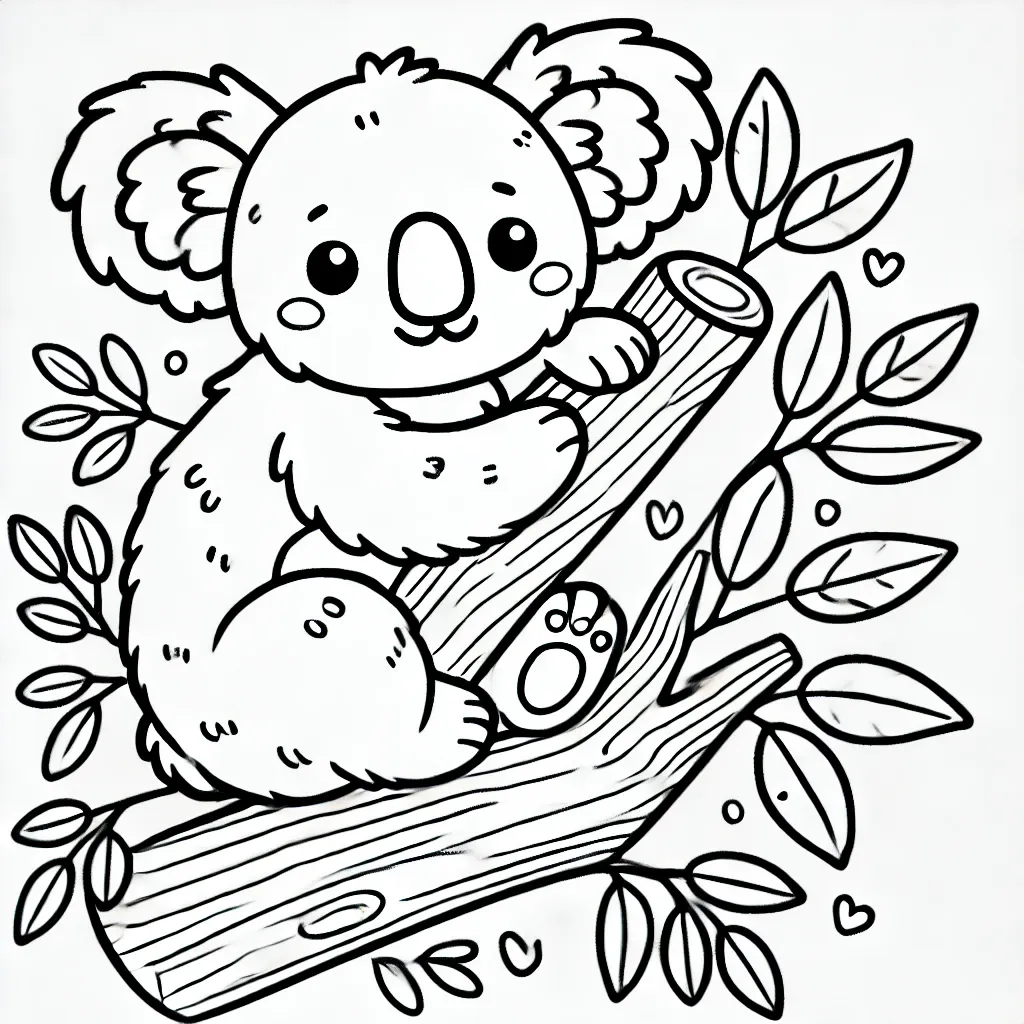 Niedlicher Koala klammert sich an Eukalyptusast umgeben von kleinen Herzen