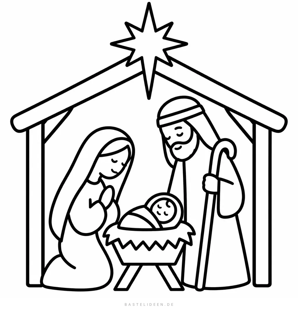 Maria, Josef und das Jesuskind in der Krippe im Stall, darüber ein Stern