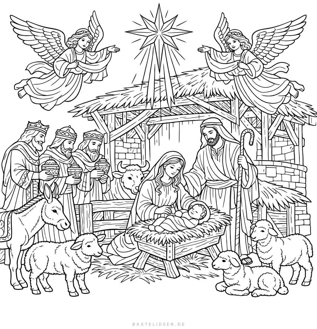 Detaillierte Krippenszene mit Maria, Josef, Jesuskind und den drei Weisen