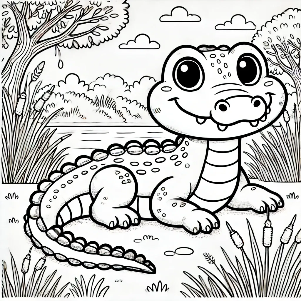 Krokodil am Flussufer mit Schilf und Bäumen