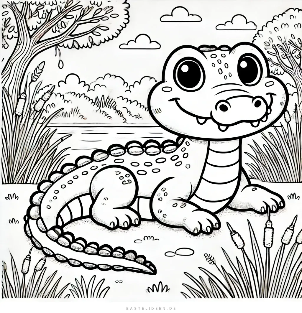 Krokodil am Flussufer mit Schilf und Bäumen