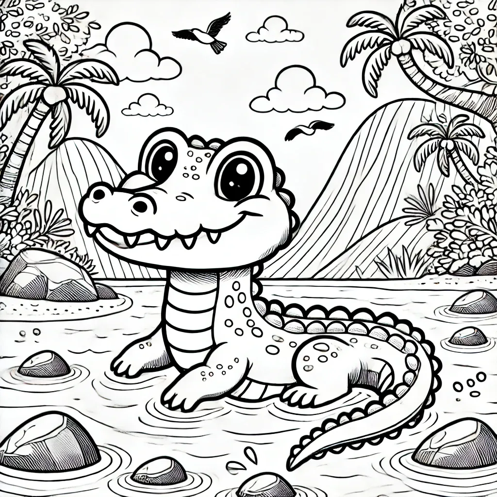 Krokodil im Tropenparadies mit Palmen und Bergen